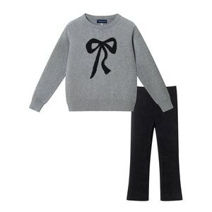 Andy & Evan Girls  Bow Sweater & Velvet Legging Set, Grey